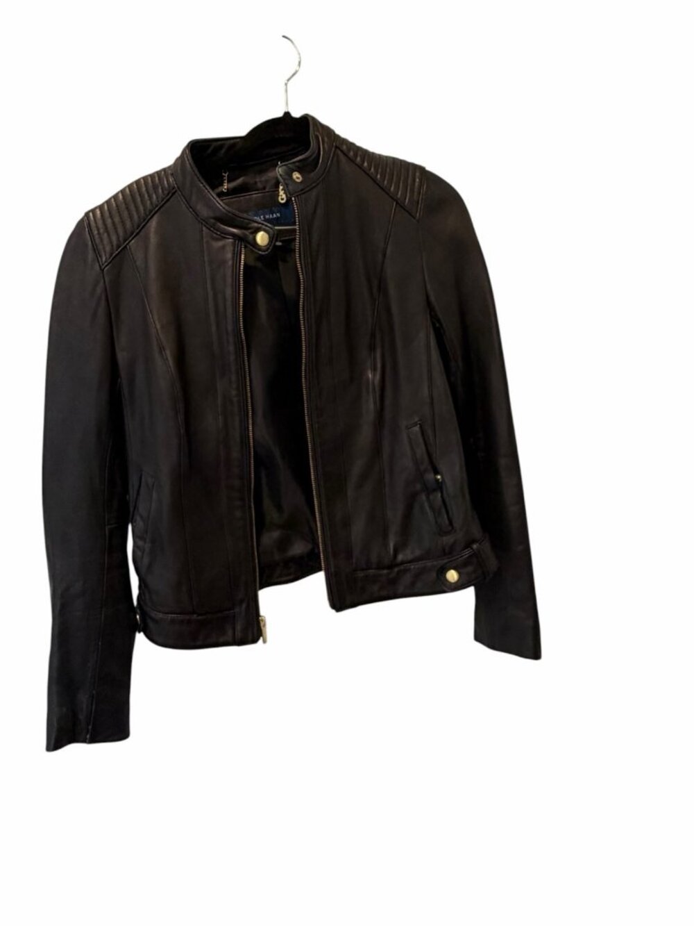 Cole Haan Leather Moto Jacket, Black, Quilted Shoulders